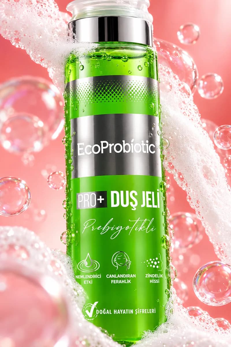 EcoProbiotic Prebiyotikli Duş Jeli, köpük ve su kabarcıkları arasında