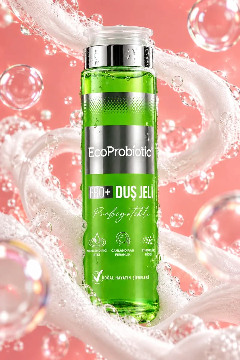 EcoProbiotic Prebiyotikli Duş Jeli, köpük ve su kabarcıkları arasında