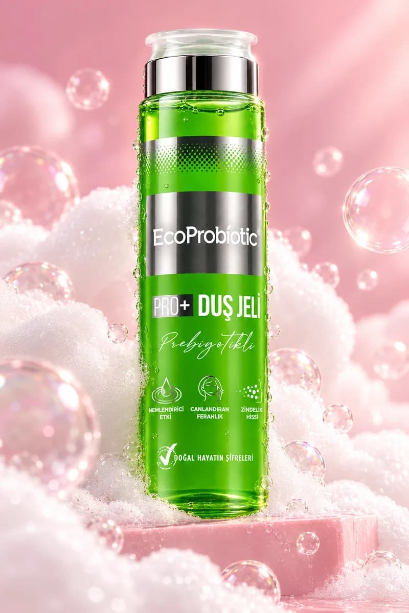 EcoProbiotic Prebiyotikli Duş Jeli, köpük ve su kabarcıkları arasında