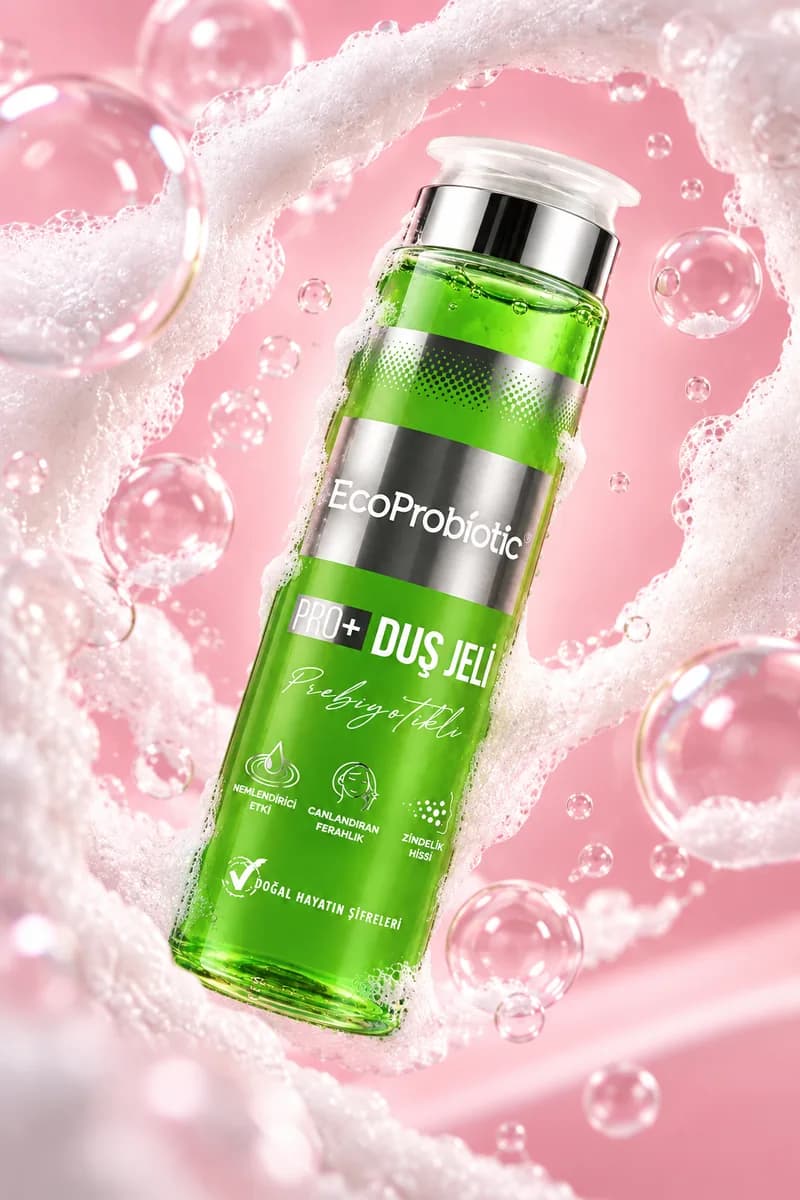 EcoProbiotic Prebiyotikli Duş Jeli, köpük ve su kabarcıkları arasında