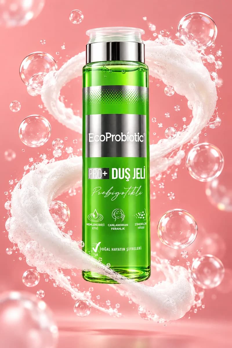 EcoProbiotic Prebiyotikli Duş Jeli, köpük ve su kabarcıkları arasında